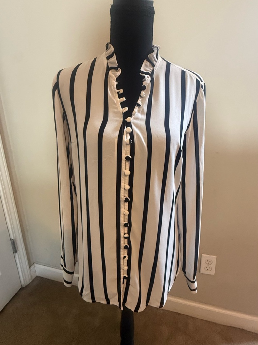 Express Black and White Vertical Stripe Ruffle Button-Front Blouse